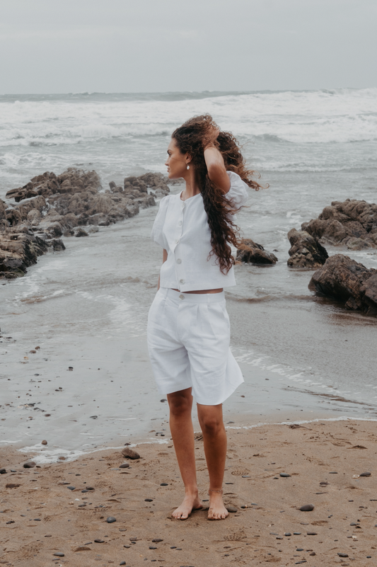 White Squid Linen Boyfriend Shorts