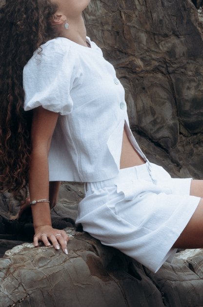 White Squid Linen Boyfriend Shorts