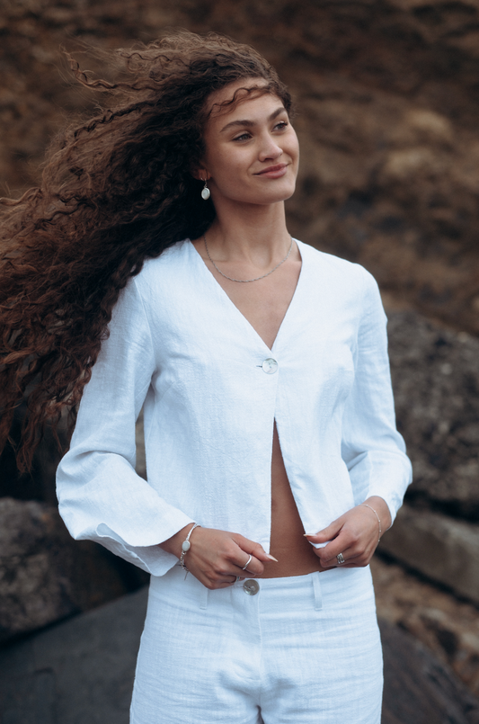 White Squid Long Sleeve Linen Top
