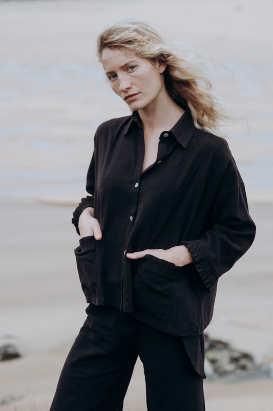 Black Washed Linen Frilly Squid Shirt