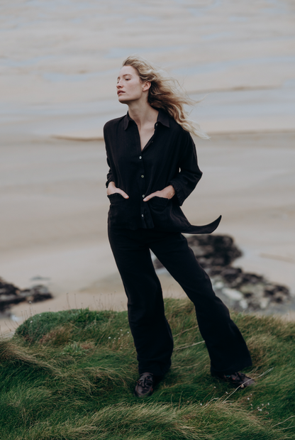 Black Washed Linen Frilly Squid Shirt