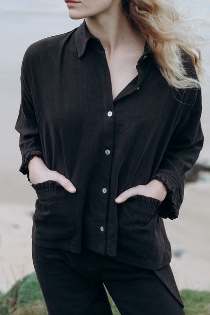 Black Washed Linen Frilly Squid Shirt