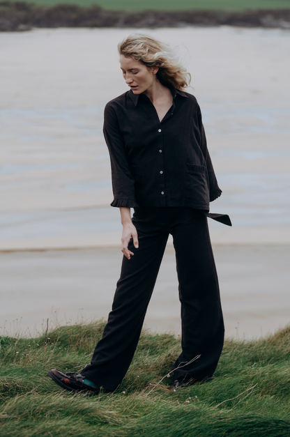 Black Washed Linen Frilly Squid Shirt