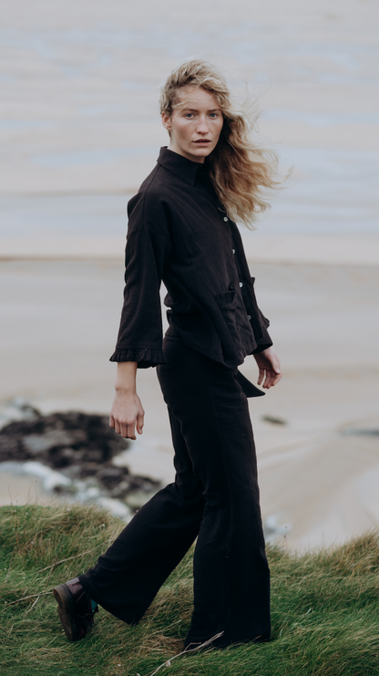 Black Washed Linen Frilly Squid Shirt