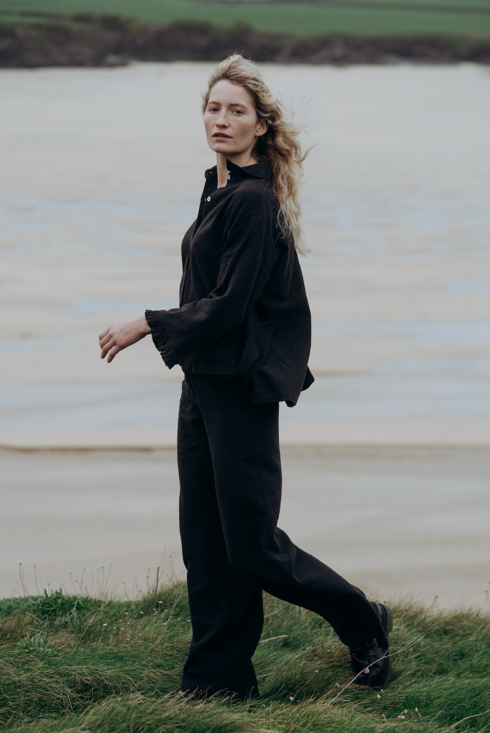 Black Washed Linen Frilly Squid Shirt