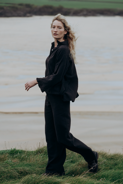 Black Washed Linen Frilly Squid Shirt