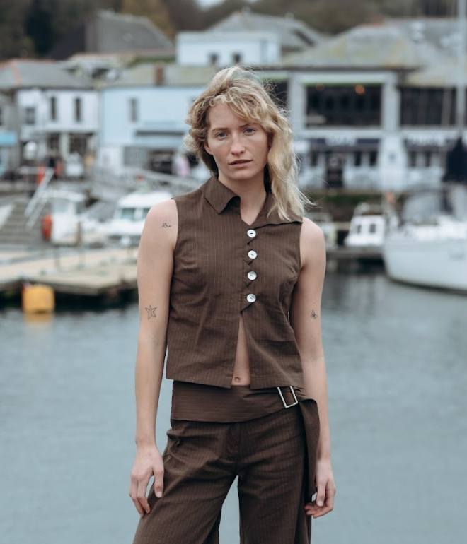 Limited Edition Brown Pinstripe Zóni Squid Linen Top