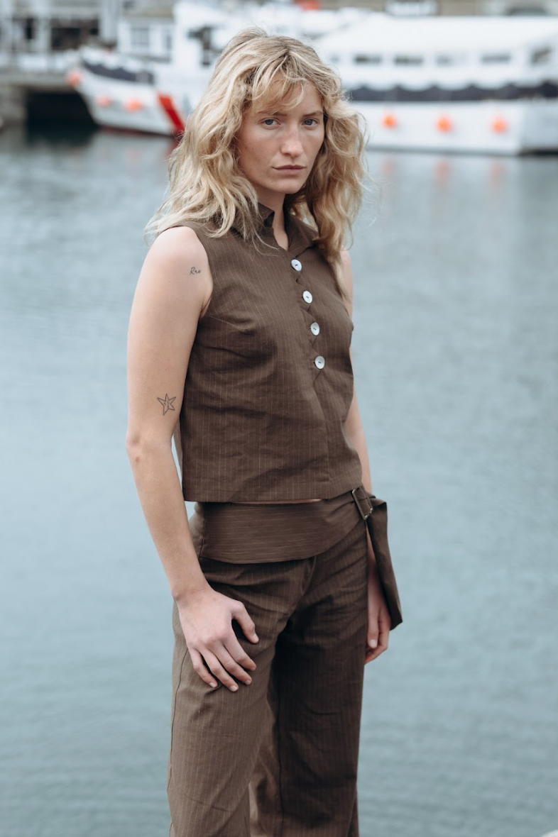 Limited Edition Brown Pinstripe Zóni Squid Linen Top