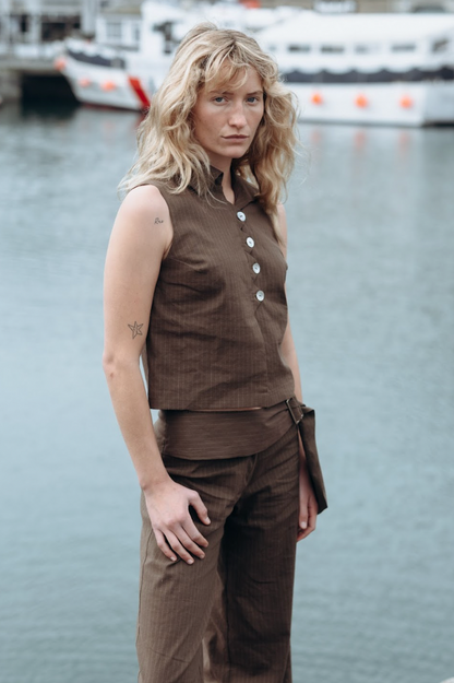 Limited Edition Brown Pinstripe Zóni Squid Linen Top