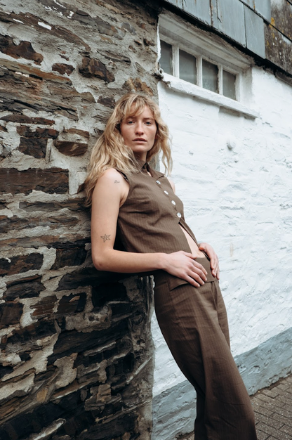 Limited Edition Brown Pinstripe Zóni Squid Linen Top