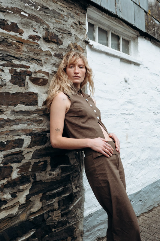 Limited Edition Brown Pinstripe Zóni Squid Linen Top