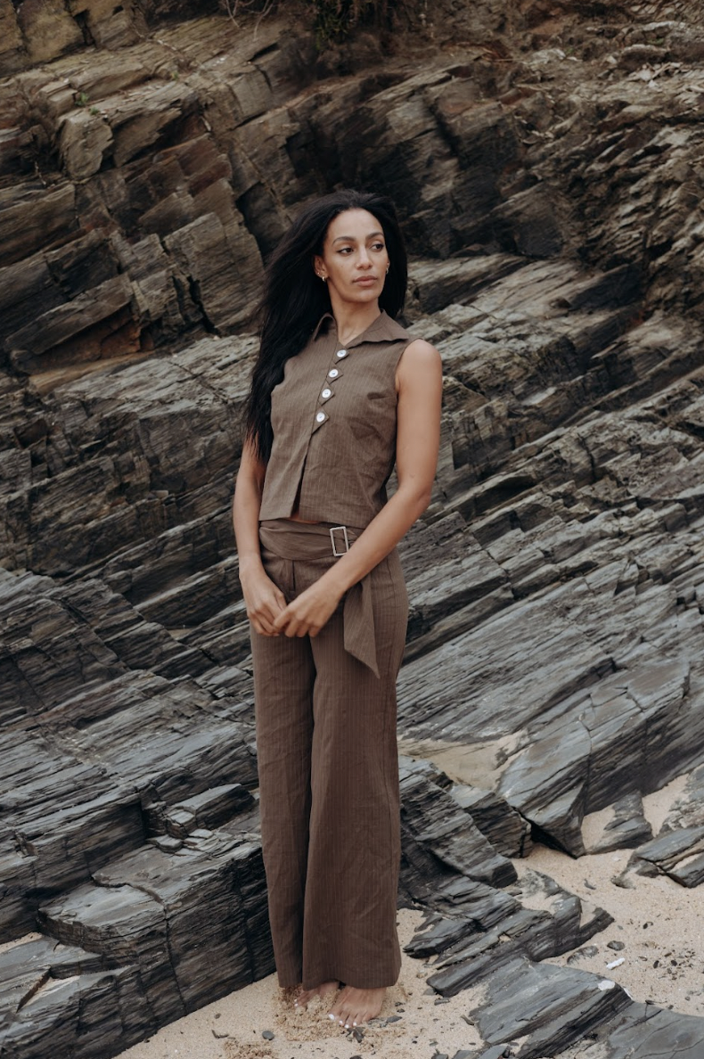 Limited Edition Brown Pinstripe Zóni Squid Linen Trousers