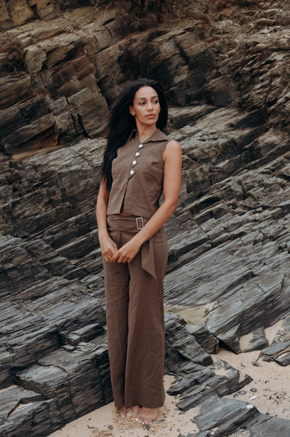 Limited Edition Brown Pinstripe Zóni Squid Linen Trousers