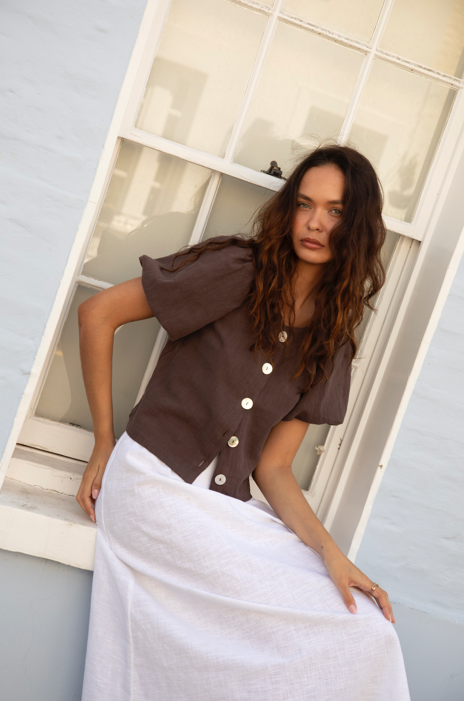 Puffy Squid Chocolate Brown Linen Blouse