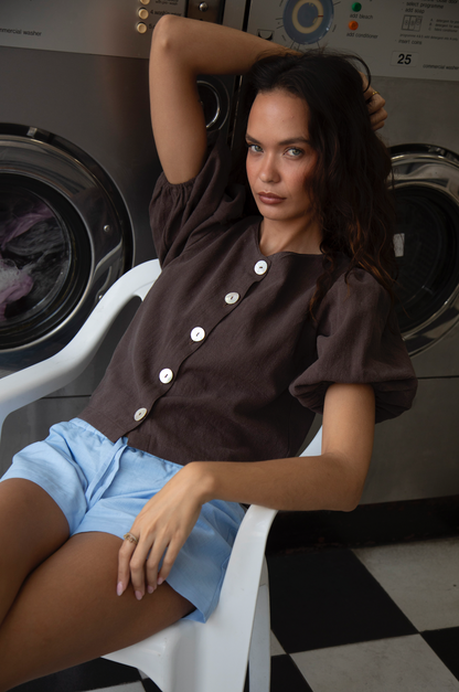 Puffy Squid Chocolate Brown Linen Blouse