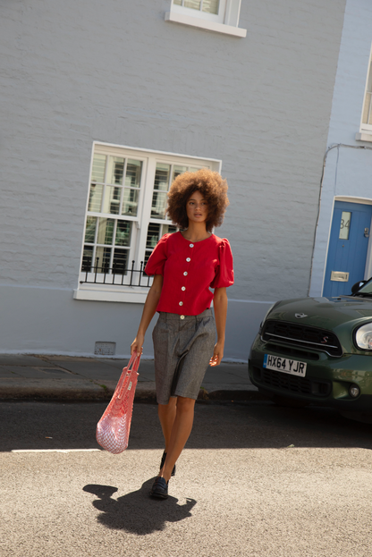 Puffy Squid Cherry Red Linen Blouse