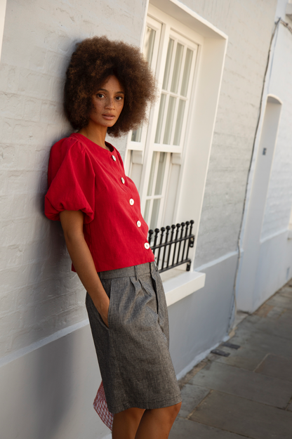 Puffy Squid Cherry Red Linen Blouse