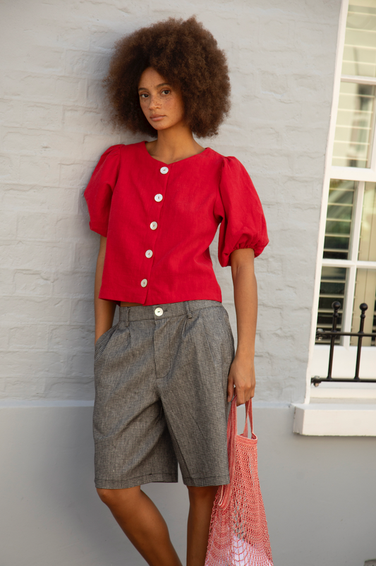 Puffy Squid Cherry Red Linen Blouse