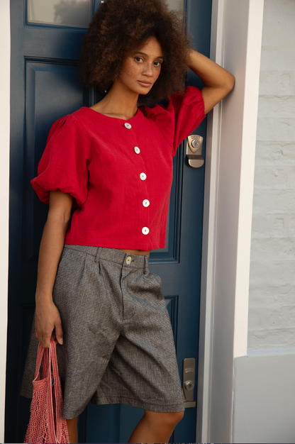 Puffy Squid Cherry Red Linen Blouse