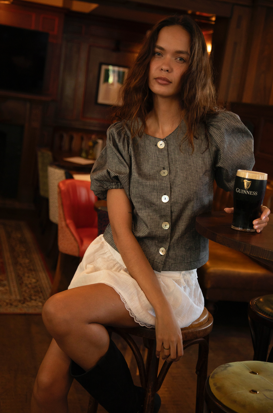 Puffy Squid Gingham Linen Blouse
