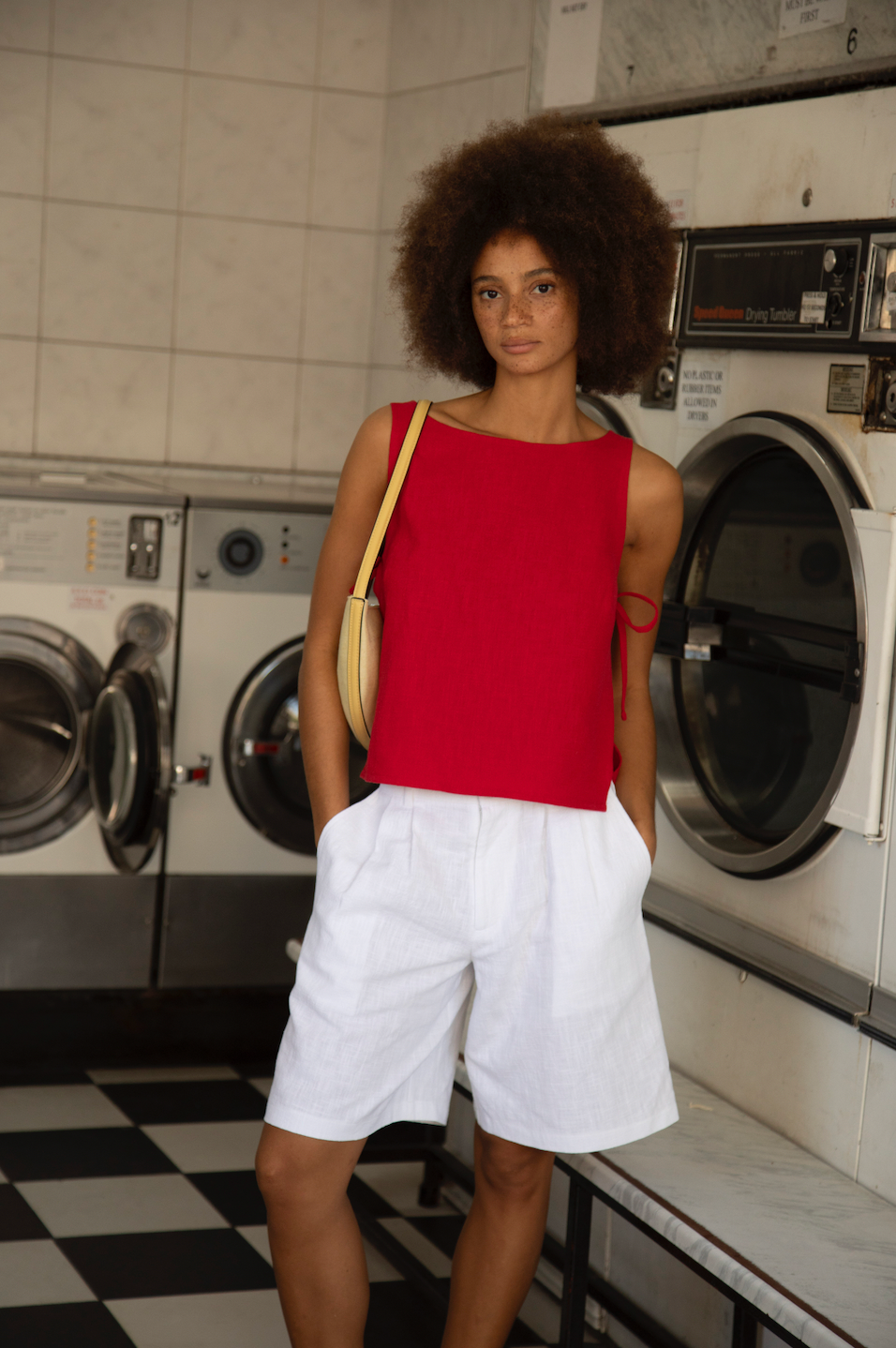 Tie-Side Squid Cherry Red Linen Top