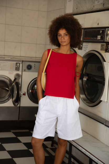 Tie-Side Squid Cherry Red Linen Top