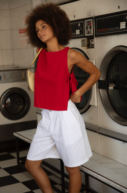Tie-Side Squid Cherry Red Linen Top