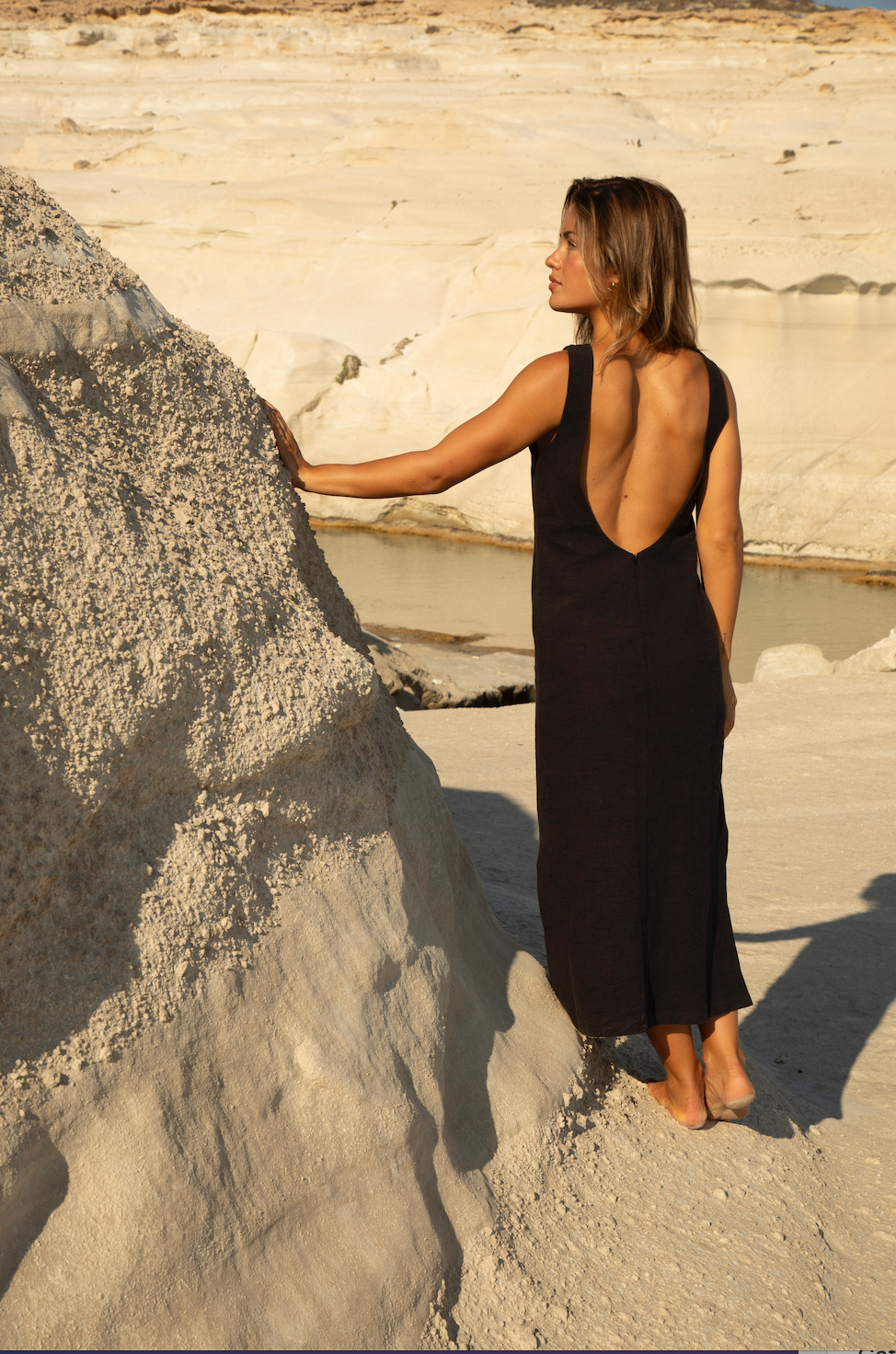 Black Washed Backless Linen Midi Sassy Dress